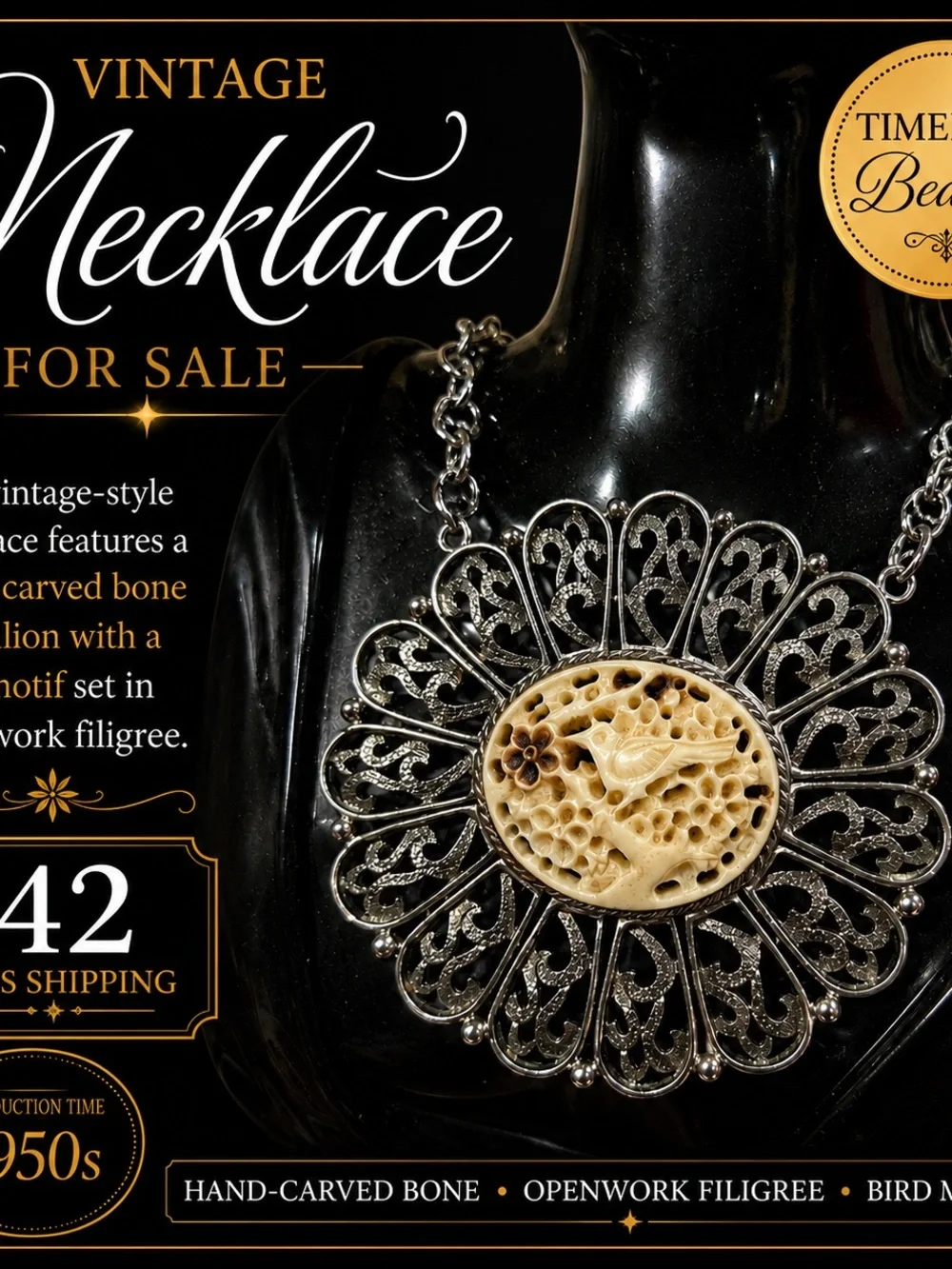 Vintage Hand-Carved Bone Filigree Necklace - Silver Tone with Ivory Center